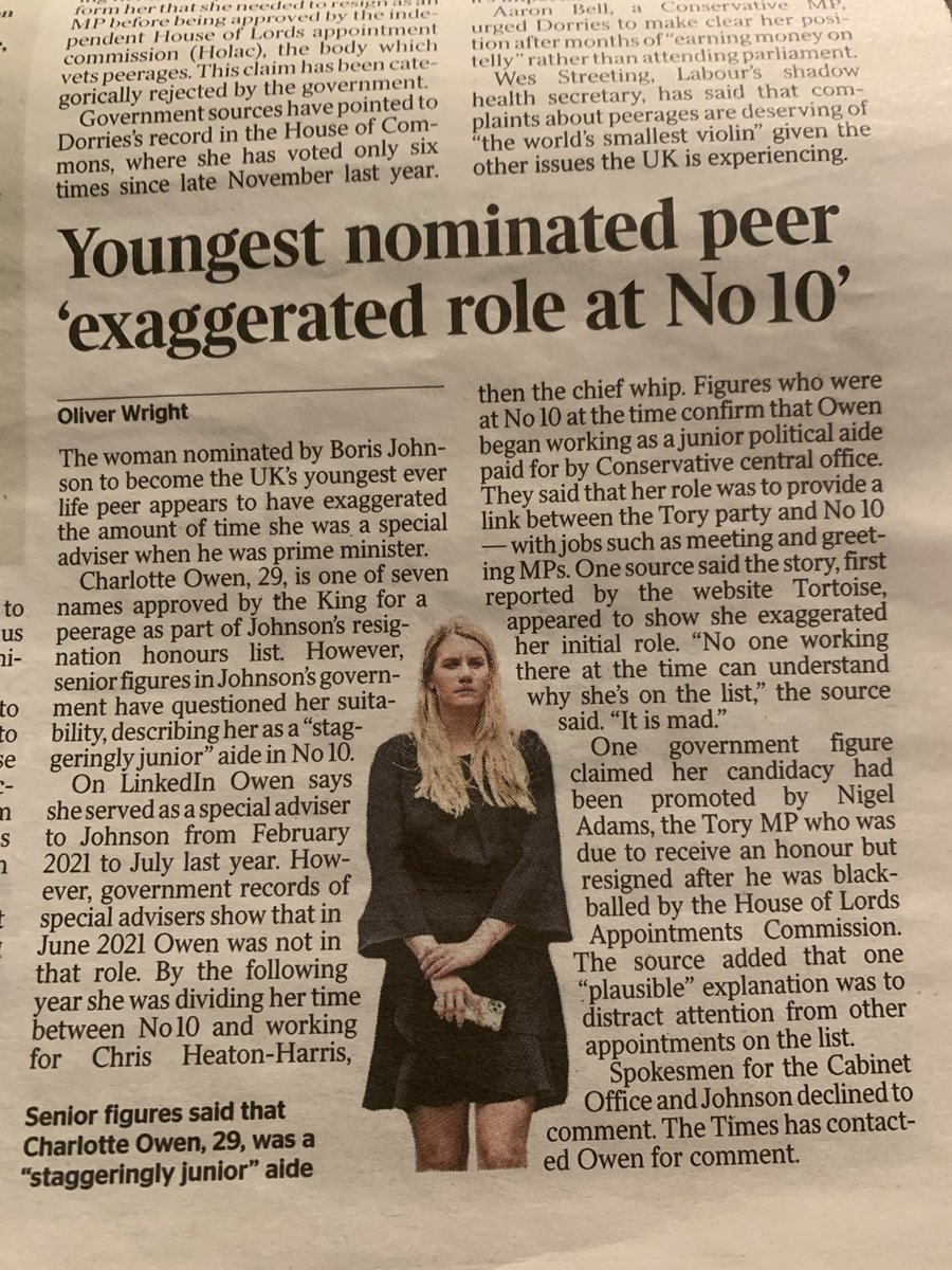 Resignation Dishonours List (cont): why on Earth would Boris give a peerage to a leggy blonde in her 20s who didn’t do much at No 10 - or for long. Nope, it’s a real mystery - though the gossip isn’t quite what you might imagine