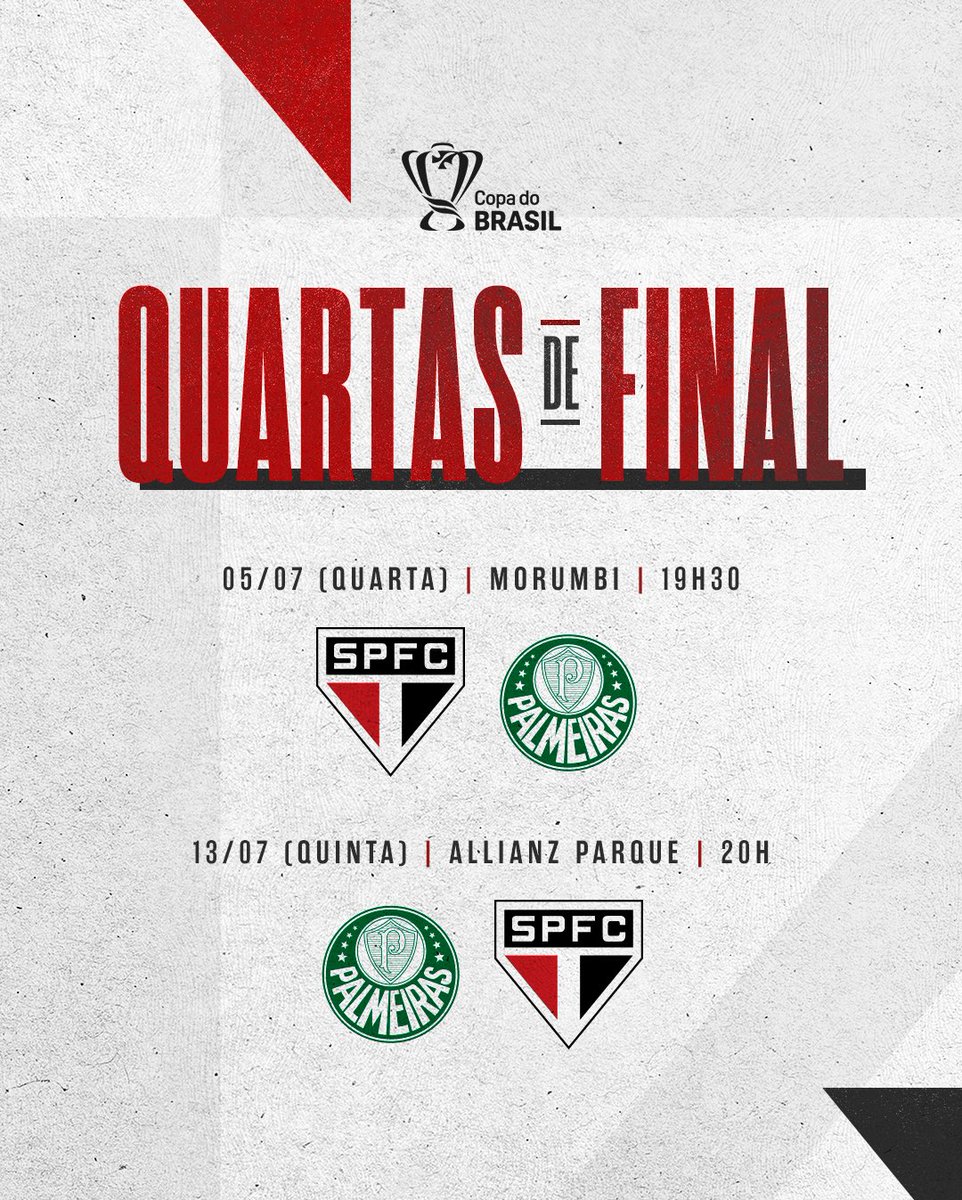 Tabela detalhada para o Choque-Rei pela @CopaDoBrasilCBF! IDA São Paulo 🆚 Palmeiras 🏟️ Morumbi 🗓️ 05/07 (quarta-feira) ⏰ 19h30 📺 Amazon Prime VOLTA Palmeiras 🆚 São Paulo 🏟️ Allianz Parque 🗓️ 13/07 (quinta-feira) ⏰ 20h 📺 Amazon Prime #VamosSãoPaulo 🇾🇪