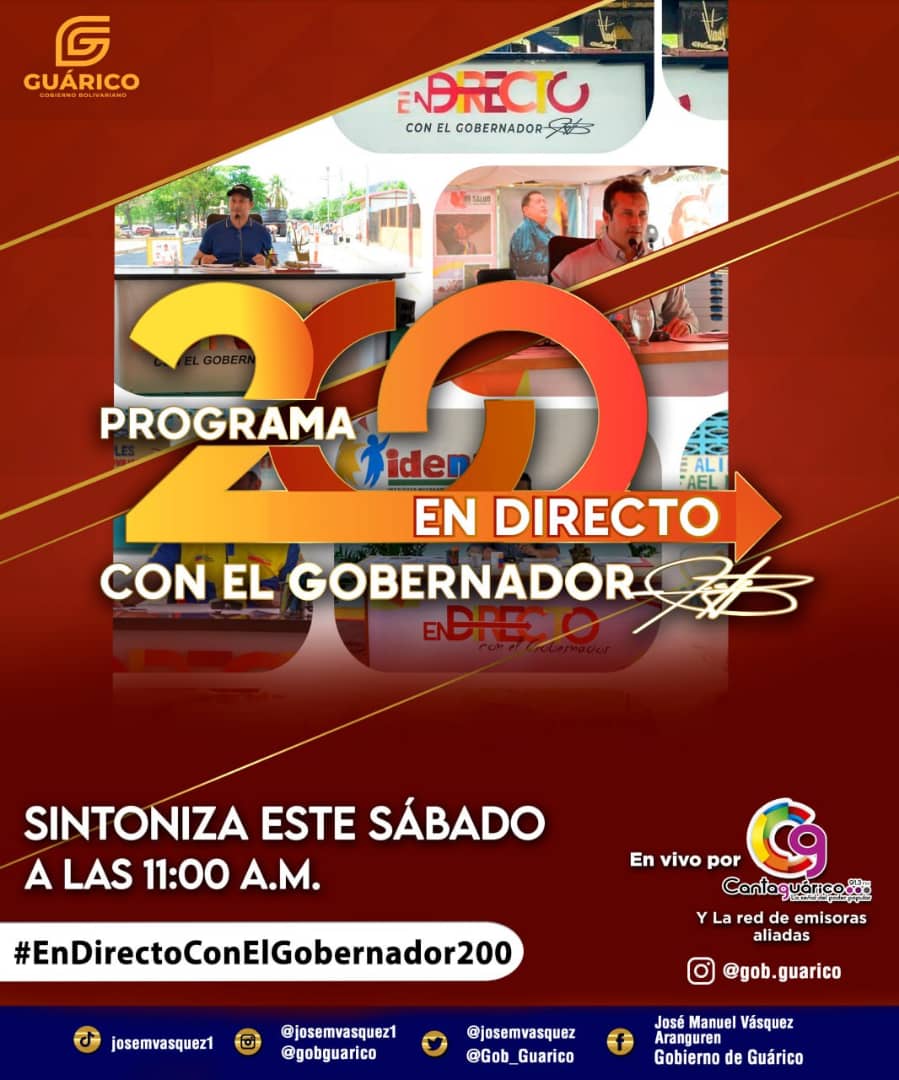 OficialUnerg's tweet photo. #Sintoniza esté sabado en su emisión 200, "En Directo Con El Gobernador" @josemvasquez, por la emisora Cantaguárico y a través de Instagram @gob.guarico

#GuáricoTerritorioDeProgreso200
#PorTiUnerg 
#NuevosCaminosYHorizontes 
#UnergAvanza 

@NicolasMaduro
@delcyrodriguezv https://t.co/hiv2s9mUYO