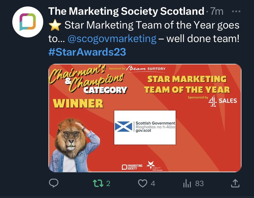 Jill walker (@jillewalker1) on Twitter photo I’m unashamedly going to gush. So very chuffed and proud to say we’re Scotland’s Marketing Team of the Year. Extreme levels of dedication, smart thinking and teamwork. Well done <a href="/ScoGovMarketing/">Scottish Government Marketing Campaigns</a> <a href="/marketingsocSCO/">The Marketing Society Scotland</a> #starawards23 I’m unashamedly going to gush. So very chuffed and proud to say we’re Scotland’s Marketing Team of the Year. Extreme levels of dedication, smart thinking and teamwork. Well done <a href="/ScoGovMarketing/">Scottish Government Marketing Campaigns</a> <a href="/marketingsocSCO/">The Marketing Society Scotland</a> #starawards23