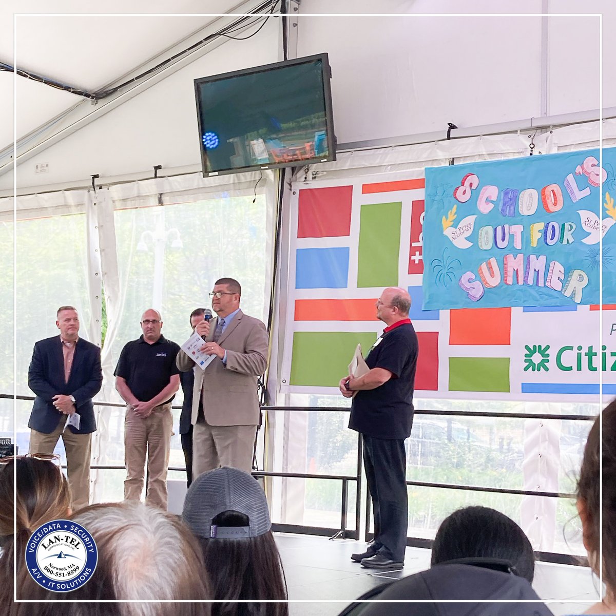 LANTELComm's tweet photo. We were honored to join @BenchmarkBoston at the St Peter Academy Welcome Summer Celebration held in South Boston. We were happy, along with @IBEW103, to recently assist St Peter Academy in upgrading its technology environment. We wish all the students &amp; staff a great summer! https://t.co/eUfsYgP2SS