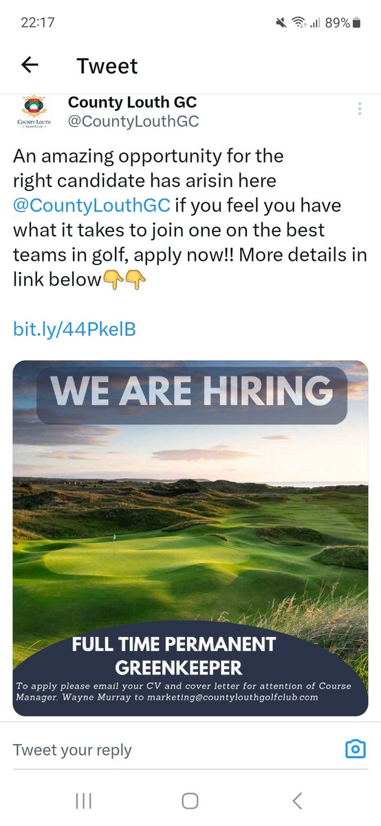 We are hiring... Greenkeeper required. Apprentiship role also now available. Please send on your CV to wayne@countylouthgolfclub.com 
@CountyLouthGC @GolfIreland_ @ATPI21 @greenkeepingmag @greenkeepingire #golfjobs @teagasc @apprenticesIrl #droghedajobs #baltray #LouthJobs