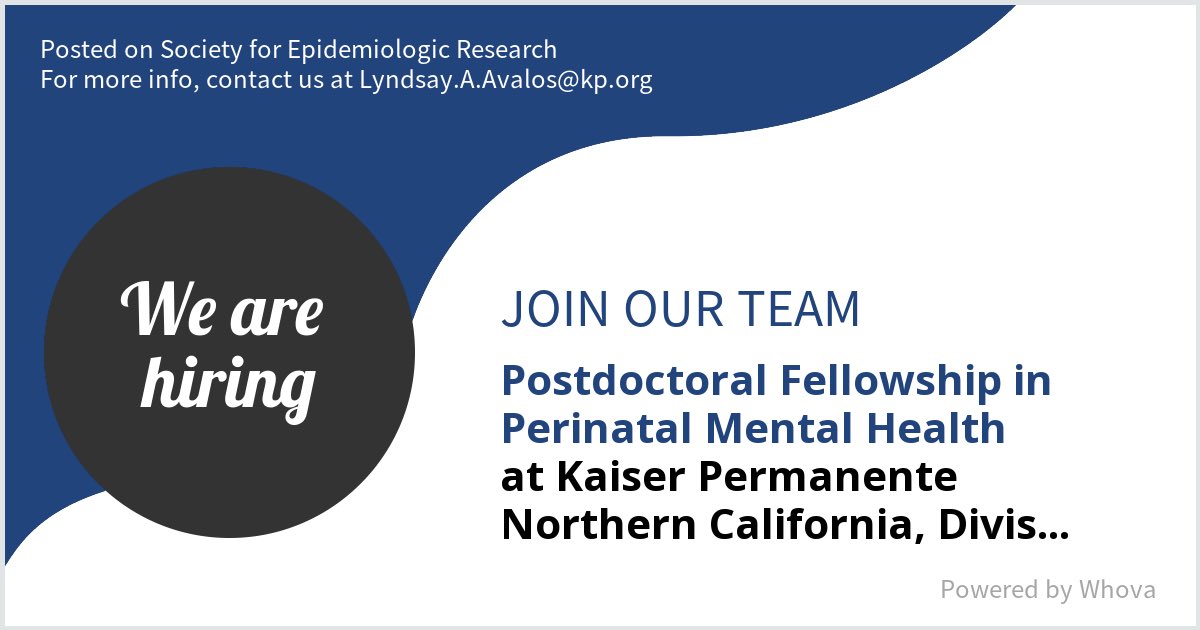 Lyndsay Avalos, PhD, MPH (@lyndsayaavalos) on Twitter photo We are #hiring for a Postdoctoral Fellowship in Perinatal Mental Health at Kaiser Permanente Northern California, Division or Research. Message me if you're interested in joining our team! We are attending #SPER2023 #SER2023 if you would like to meet!  - via #Whova event app We are #hiring for a Postdoctoral Fellowship in Perinatal Mental Health at Kaiser Permanente Northern California, Division or Research. Message me if you're interested in joining our team! We are attending #SPER2023 #SER2023 if you would like to meet!  - via #Whova event app