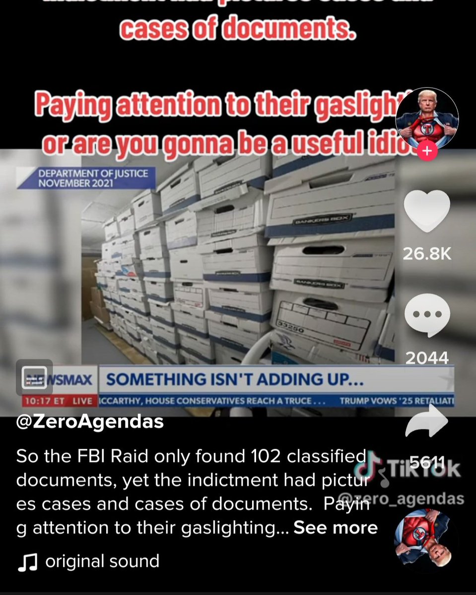 Here we go again...
Rows and rows of boxes of 'classified docunents' pictured and included in the indictment. In reality the FBI only seized 102 documents which can fit in a single folder. 
We are being lied to...