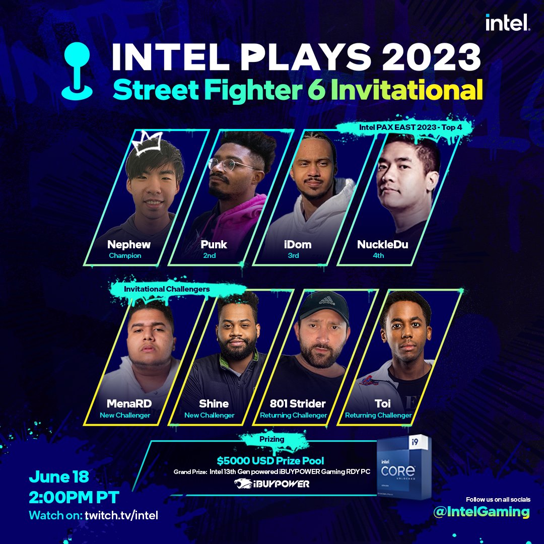 We're running back our @StreetFighter 6 Invitational in an all new #IntelPlays! 🥊

Prize Pot: $5000 💰

Grand Prize: @iBUYPOWER Gaming RDY PC powered by our latest #13th Gen CPU 🤩

Contenders: @Shine_NYC, @_MenaRD__, @NuckleDuDang, @PunkDaGod, @nephewdork, @iDomNYC, @GOLBOITOI,…