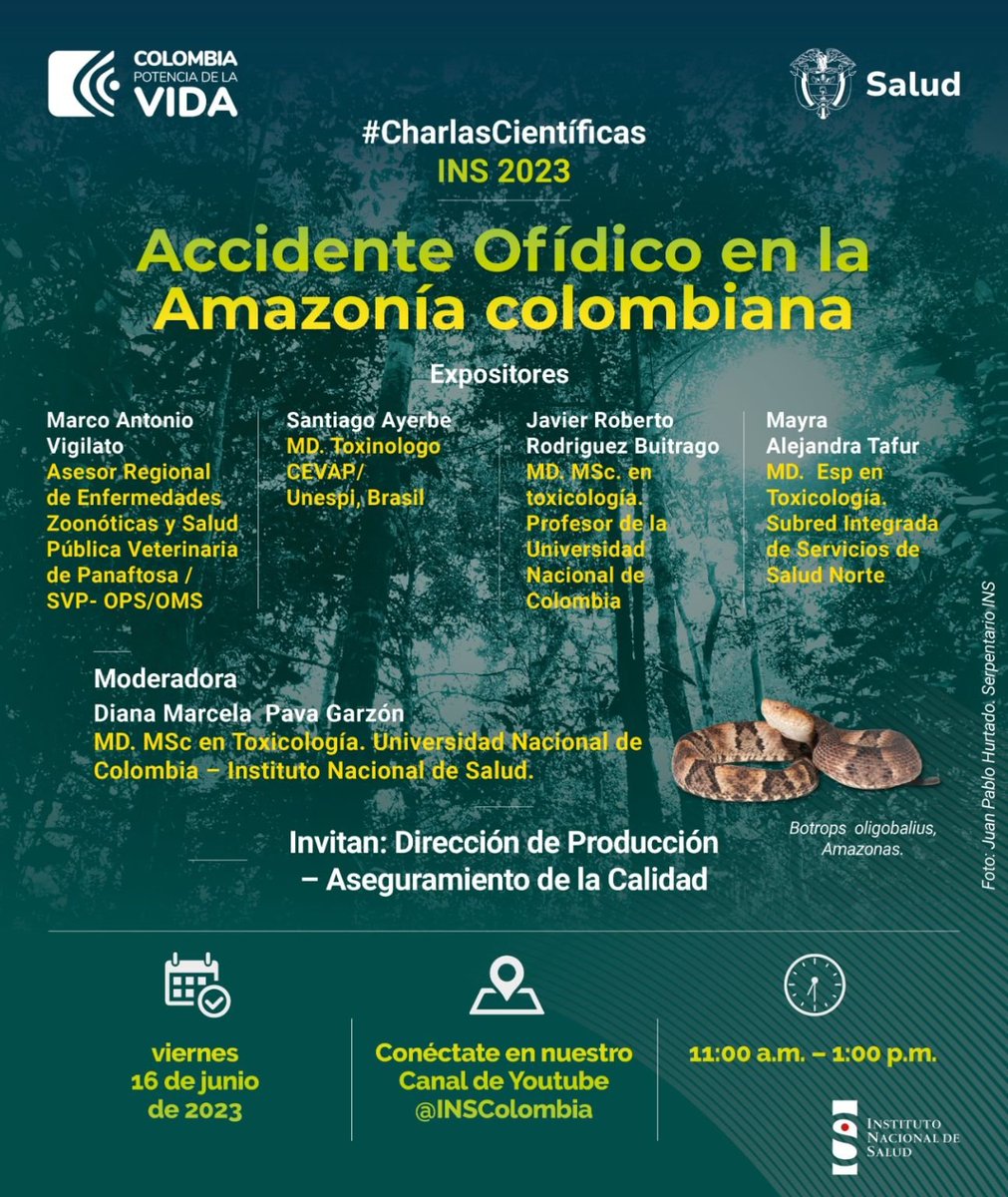 Mañana el @INSColombia realizará esta sesión de #CharlasCientíficas donde hablarán de accidente ofídico en Colombia.

¡Imperdible! 

🐍