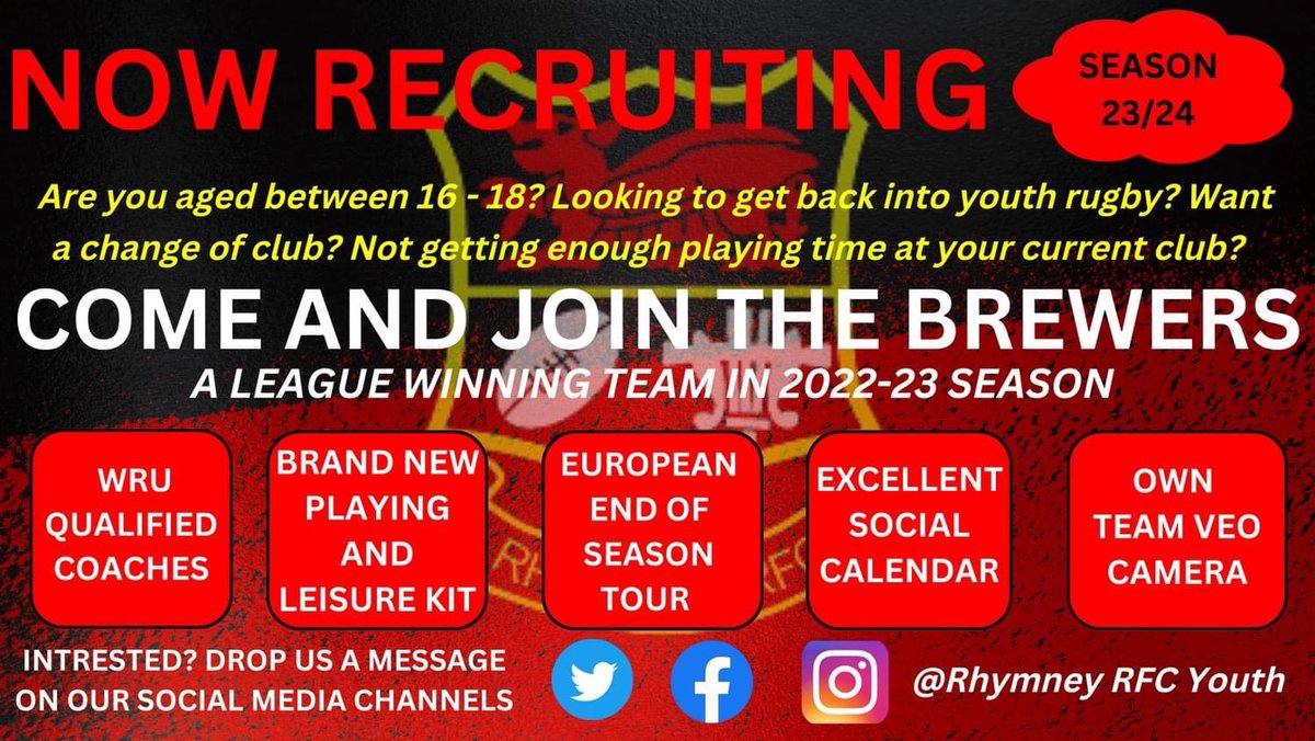 Now recruiting for the 23/24 Season. 
Brand New Playing and Leisure Kit, End of Season Tour, Excellent Social Calendar plus much more. Interested? Drop us a message on the teams social media channels or Team Manager Tom 07585508119. Come and join the Brewers 🔴⚫️🏉
