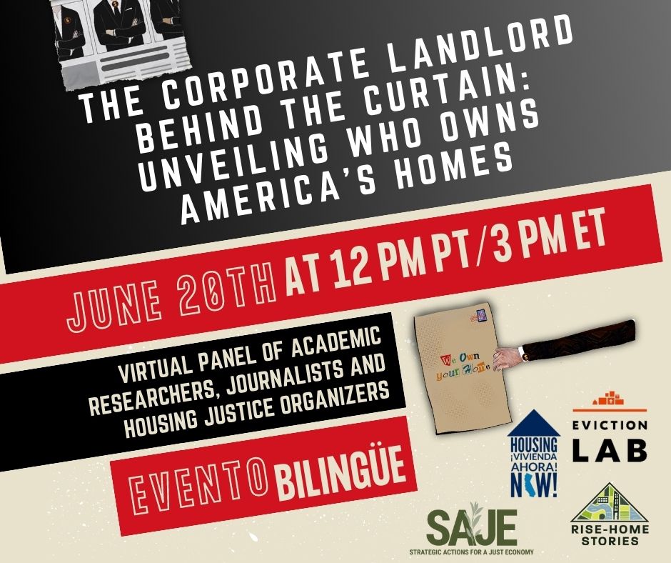 Learn the truth about the corporate landlord takeover! Join us Tuesday at 3pm EST/12pm PST for an investigative look at corporate landlords and their practices. Featuring @evictionlab @SAJE_ShiftPower @risehomestories. Register: us02web.zoom.us/webinar/regist…