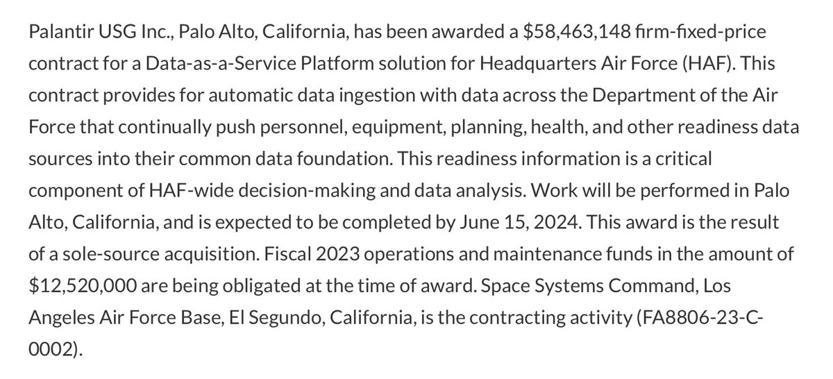 amitisinvesting's tweet photo. $PLTR

BREAKING: Palantir has just been awarded 3 Defense contracts totaling $100,454,815. 

The Department of Defense announced a slew of contracts today going to various defense contractors — Palantir won 3 in regards to the Aerospace Defense Command, Space Command, and the Headquarters Air Force.

All were contracts for Data-As-A-Service Platforms.