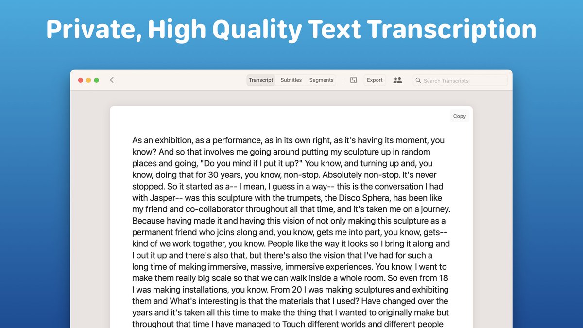 jordibruin's tweet image. MacWhisper 3.0 with a new 'full transcript' view mode, and some other improvements is available now. Ventura and up because the test device is now on Sonoma.
Fast, full featured, secure transcription in a nice design, try it out for free! macwhisper.com