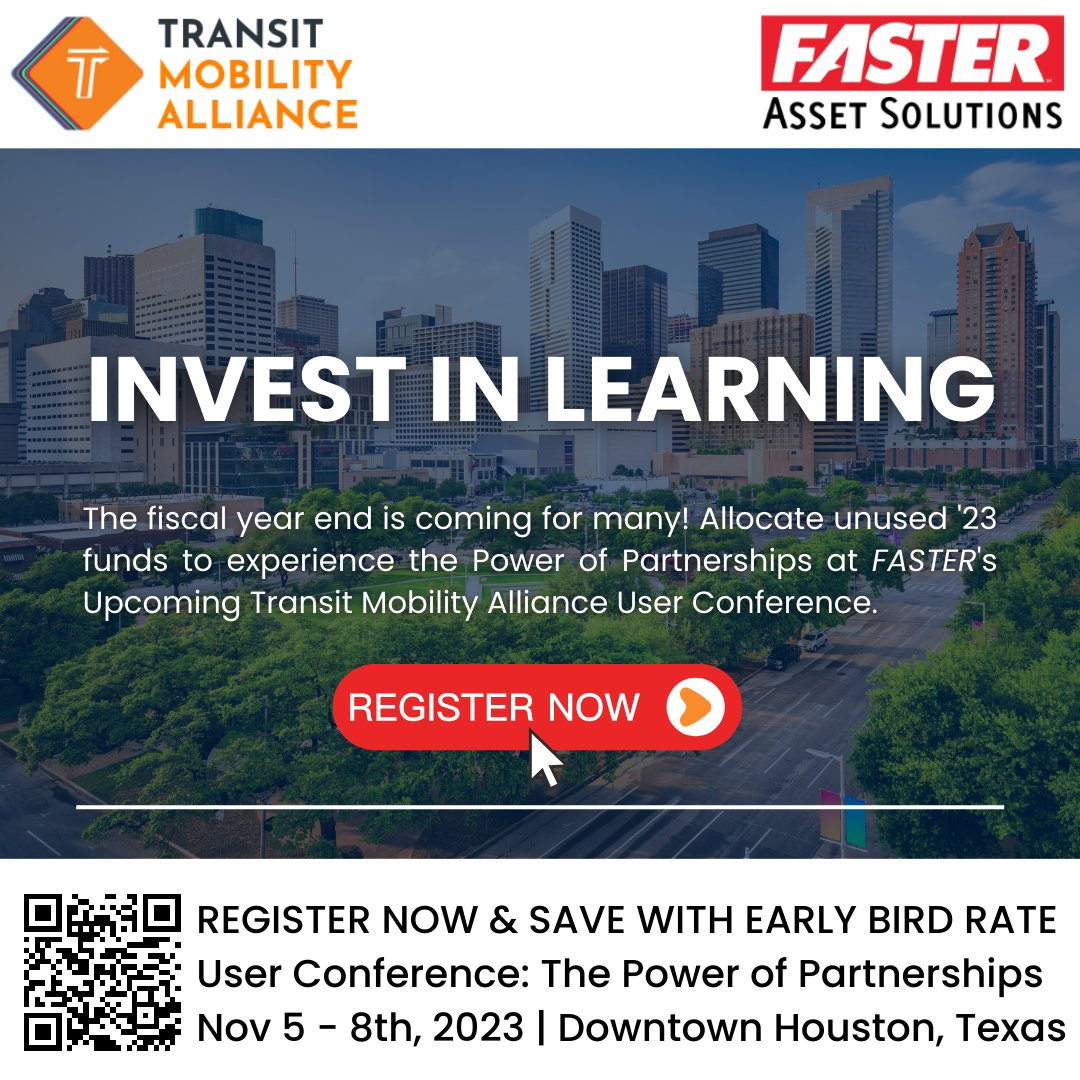FY end just ahead of you with funds to spare? Invest in learning with FASTER's upcoming Transit Mobility Alliance User Conference!

#ANewEraOfFleetControl #FleetManagement #Transitfleets #transit #businessintelligence #fleetintelligence #getFASTER