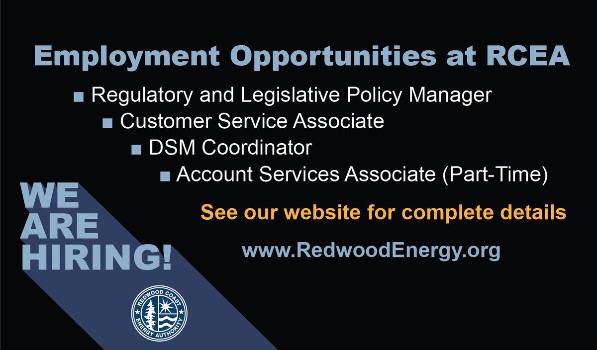 RCEA is looking for the right team members to join our growing team. The Regulatory and Legislative Policy Manager could be a remote position, and the others are based in Old Town, Eureka. The application and details are on our website. Please join us! redwoodenergy.org/employment/