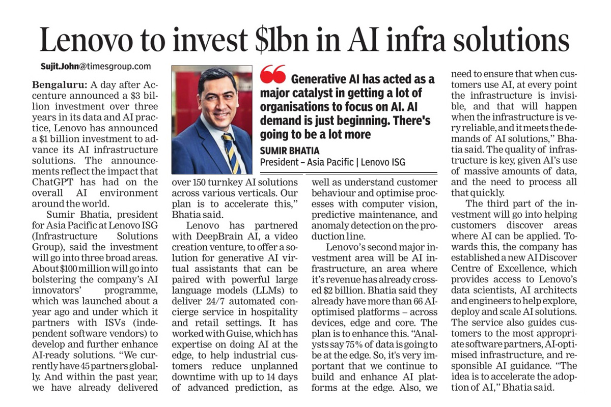The demand for AI begins! I shared <a href="/Lenovo/">Lenovo</a>'s response to this demand with <a href="/EconomicTimes/">Economic Times</a>.

Our response is a US$1 billion investment to advance our AI infrastructure solutions 🤖

Learn more about our AI commitment: bit.ly/LenovoGrowsAI