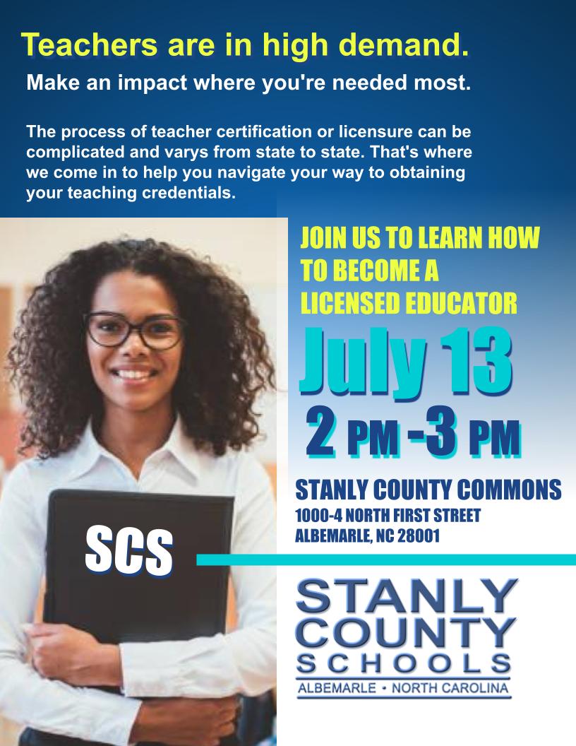 StanlySchools's tweet image. Teachers are in high demand and we need you!
JOIN US TO LEARN HOW TO BECOME A LICENSED EDUCATOR
------------------------------
JUNE 26 | 10 - 11 am
JULY 13 | 2-3 pm
Stanly County Commons
1000-4 N First Street
Albemarle, NC 28001

📢#teachers #teaching #TeachSCS #TeachStanly