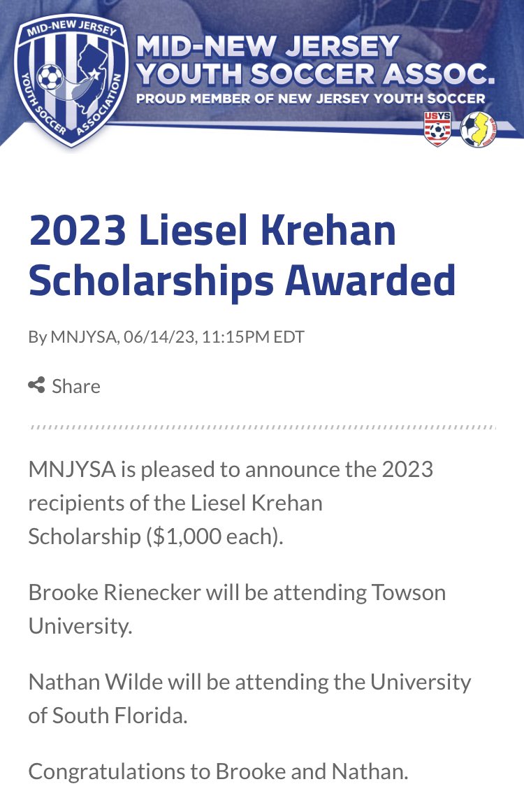 MNJYSA 2023 Liesel Krehan Scholarship goes to … Nate Wilde! CONGRATS! Only one male and female soccer player chosen in all of MidNJ!!!! 💪 #linerpride