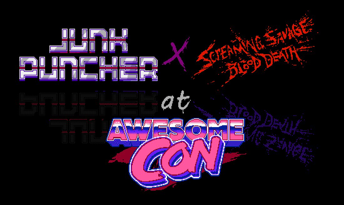 We are showing JUNKPUNCHER at <a href="/AwesomeCon/">Awesome Con</a> this weekend! Come visit us at our shared table with <a href="/jamesid/">James Interactive</a> and Screaming Savage Blood Death! <a href="/WanyoDos/">Wayne💙Wizard of Hugs</a> did the art for both games! 

Come play all the games! Other games with accounts tagged!

awesome-con.com/video-gaming/