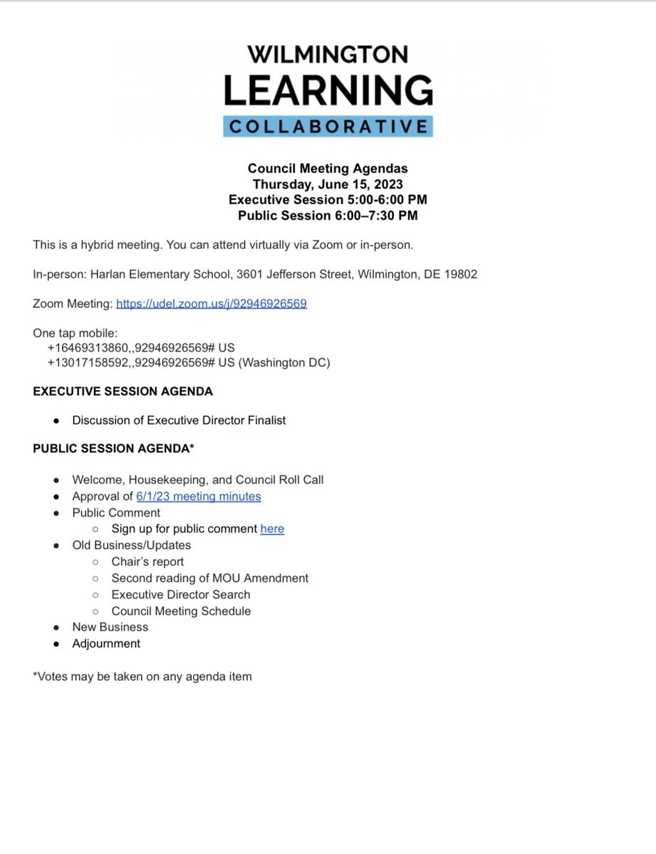 teacher_city's tweet photo. #JoinUs this evening for the Wilmington Learning Collaborative #BoardMeeting at #HarlanElementarySchool beginning at 6PM. Watch online via Zoom.
#WatchLive here via Zoom: https://t.co/oZjm3lOtEW
See #Agenda below.
#WLC
#WilmingtonLearningCollaborative https://t.co/Vr8pk1C44F