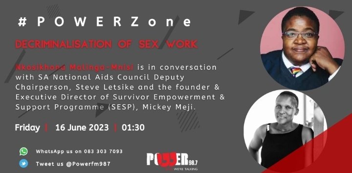 MnisiNkosikhona's tweet image. Let's do radio my friends!

Also on the show, we continue with a conversation we promised to expand - the decriminalisation of sex work. 

It's #POWERZone (00:00 - 03:00) only on @Powerfm987  - get in touch on 0861 987 000