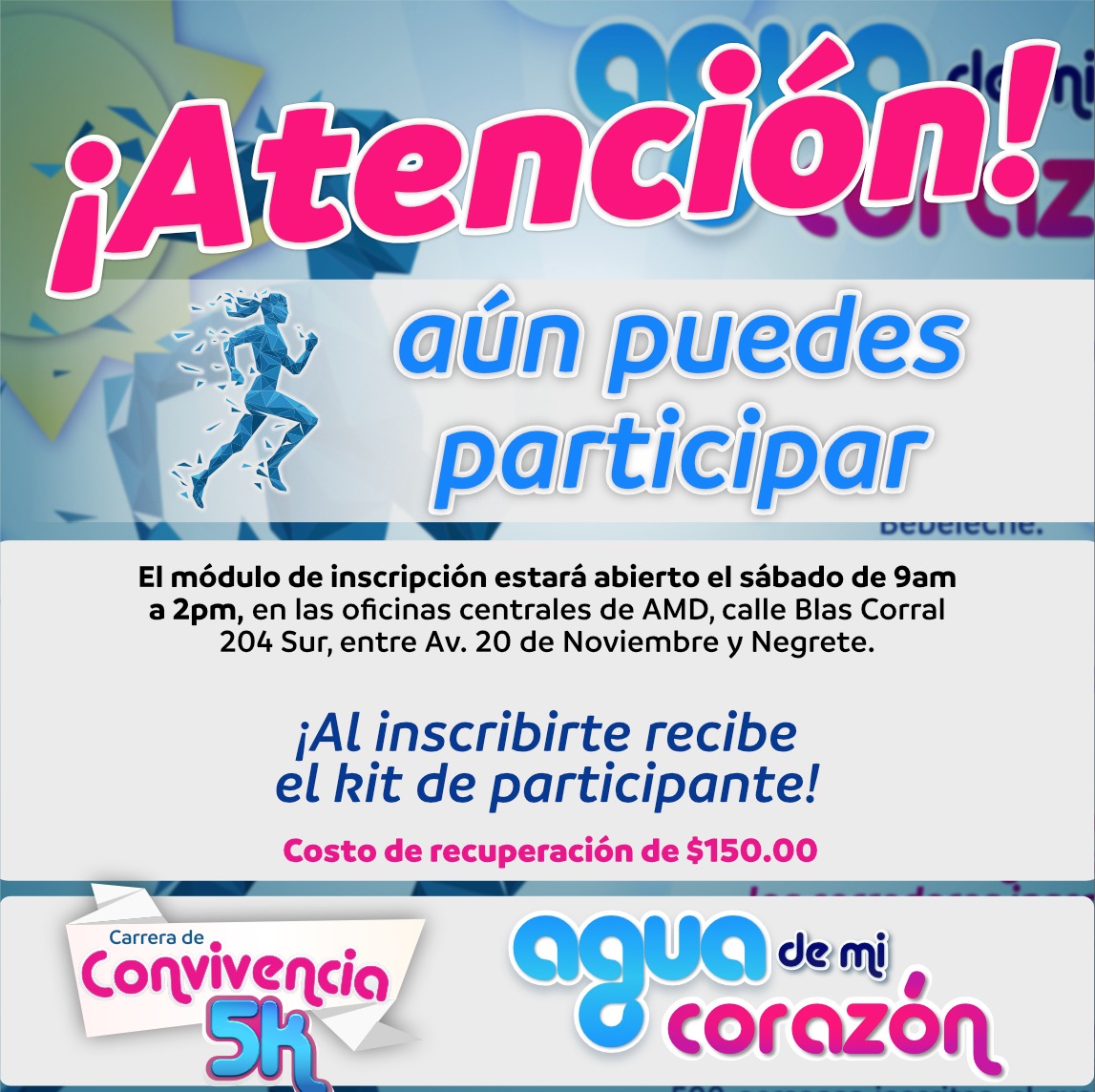 AMD_Durango's tweet photo. Aún puedes participar en la carrera 🏃🏻‍de convivencia de AMD💦 “Agua de mi corazón”🫶🏻 este domingo 18 de junio a las 8:00AM. ⏰
Este sábado te puedes inscribir en nuestras oficinas centrales de AMD ubicadas en calle Gral. Blas Corral #204 Sur, Zona centro, de 9:00 AM a 2:00 PM.⏰ https://t.co/R3ZRHwKDyn