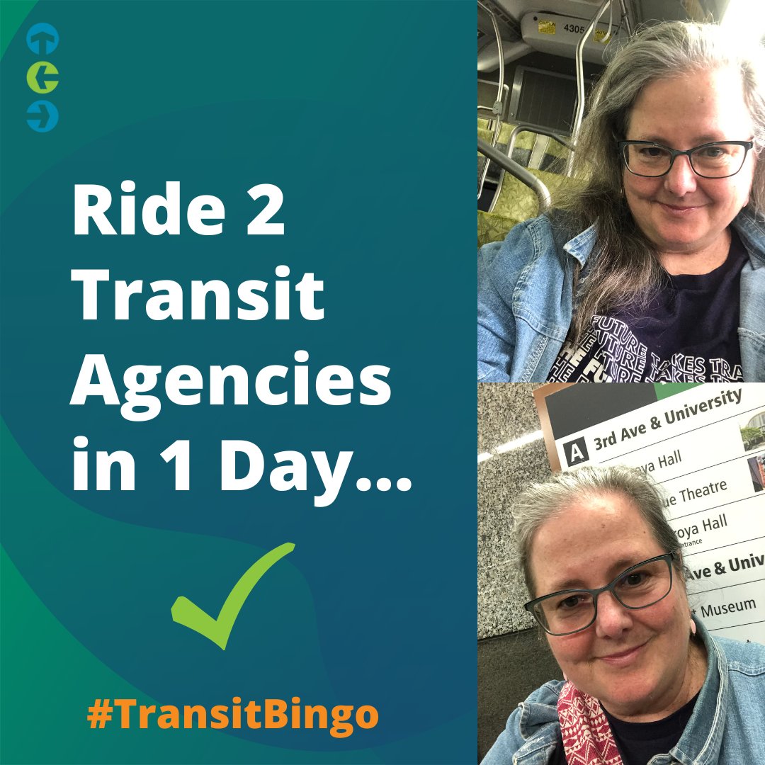 Double the transit agency, double the fun! Our Development Manager <a href="/sgleason/">Susan Gleason</a> helped us mark off a square on our #TransitBingo card by riding <a href="/KingCountyMetro/">King County Metro 🚏</a> and <a href="/SoundTransit/">Sound Transit - 🚆 🚈 🚍</a>. It's not too late to join in—get your bingo card here: bit.ly/42mYoUj