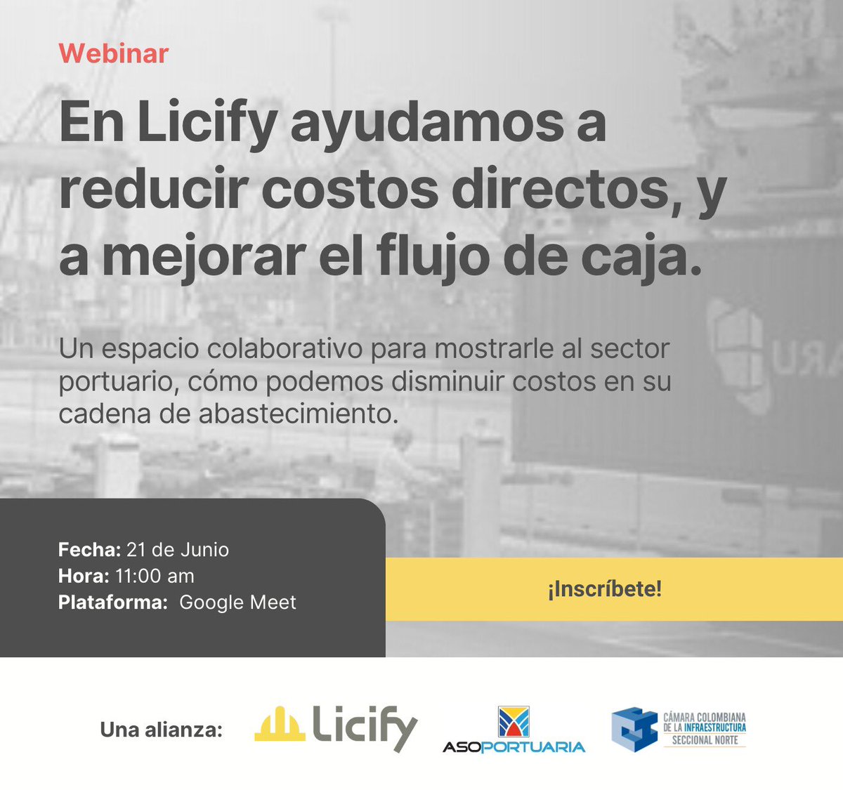 asoportuaria's tweet photo. Este miércoles 21 de Junio, acompáñanos en este Webinar para conocer la experiencia Licify, que ayuda a optimizar procesos de construcción y el manejo de compra de materiales, mejorando el flujo de caja. Inscripciones aquí:

https://t.co/qEexpDPQzA https://t.co/mM2s7p5UCg