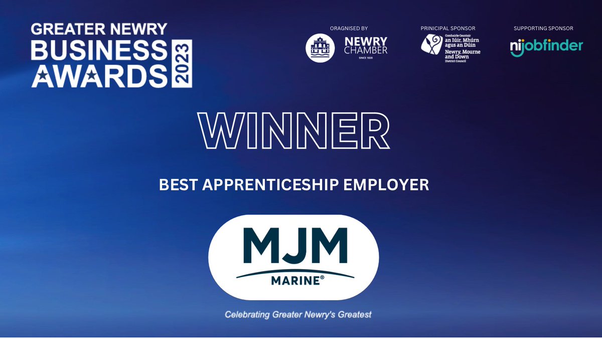 NewryChamber's tweet photo. MJM Marines has won their second award of the night for ‘Best apprenticeship Employer.’ The business has a clear focus on what is going to work. They created a working environment for their apprentices with clear focus towards building their experience. #GNBA https://t.co/oAw15FQfCL