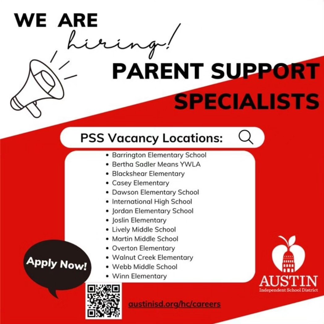 Apply here for the parent support specialist role. The increase in pay applies to the 2023-24 school year! #SomosAISD 
applitrack.com/austinisd/onli…