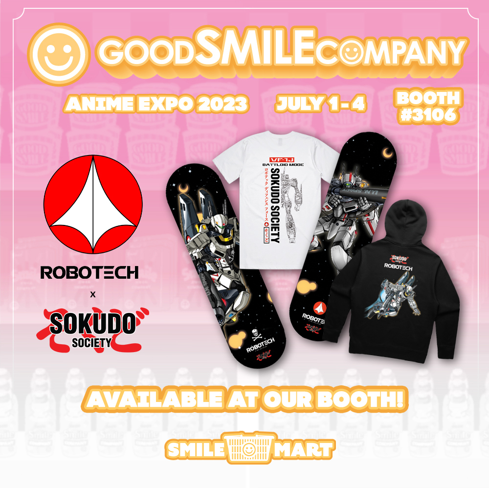 Pilot your mecha in style with the latest gear from Sokudo Society! This July 1-4, cop apparel and skate decks featuring designs from the classic mecha anime Robotech at our Anime Expo Exhibit Hall Booth 3106 while supplies last!

#AX2023 #GSCxAX2023