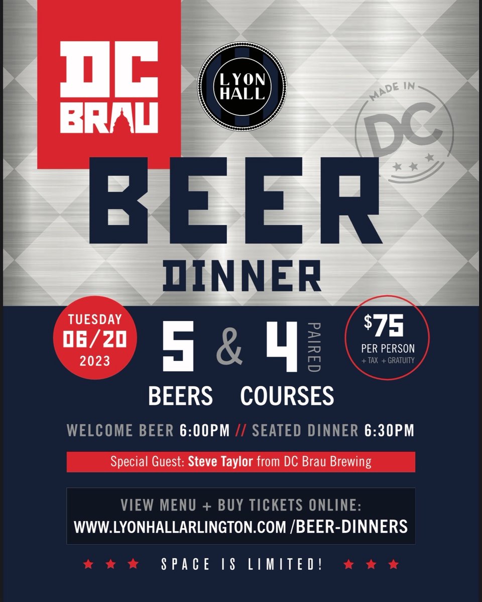 Indulge in the ultimate beer and food pairing experience! Join us on 6/20 at @LyonHall for a delightful Beer Dinner. Limited seats available, reserve yours now: lyonhallarlington.com/event/Dc-brau-…