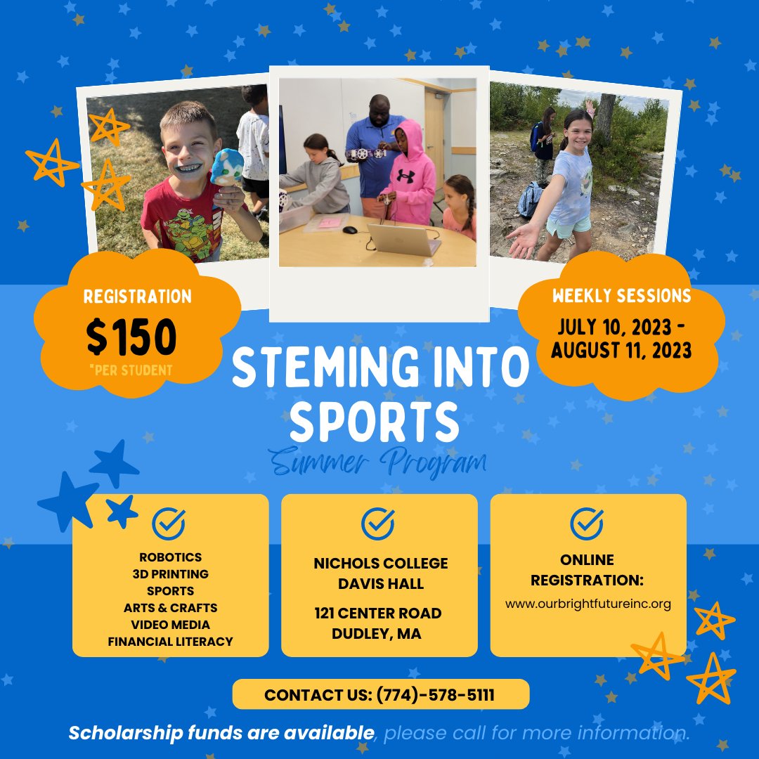 It's almost time for our 2023 STEMing Into Sports Summer Program at @Nichols_College 

To register, please click this link, ourbrightfutureinc.org/stemin-into-sp… 

#summerprogram #summer #massachusetts #nicholscollege #children #students #robotics #3dprinting #stem