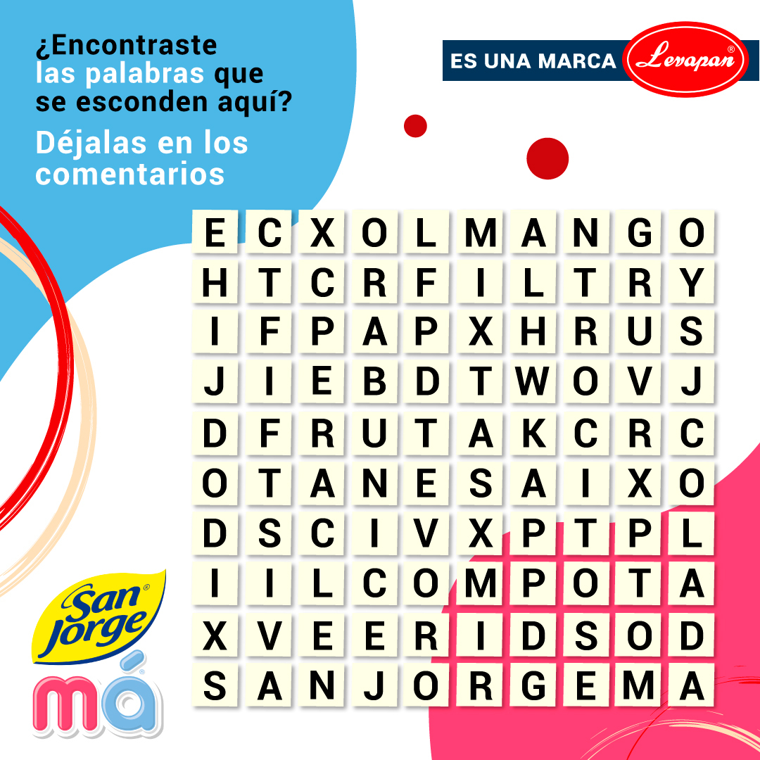 LevapanSA's tweet photo. Si ofreces los productos San Jorge Má® en tu negocio encontrar las palabras en esta sopa de letras será pan comido para ti. 🔍👀
¿Aceptas el desafío?
#Levapan #SanJorgeMá #AlimentaciónInfantil #MarcaLevapan https://t.co/D0mdKqTTG1