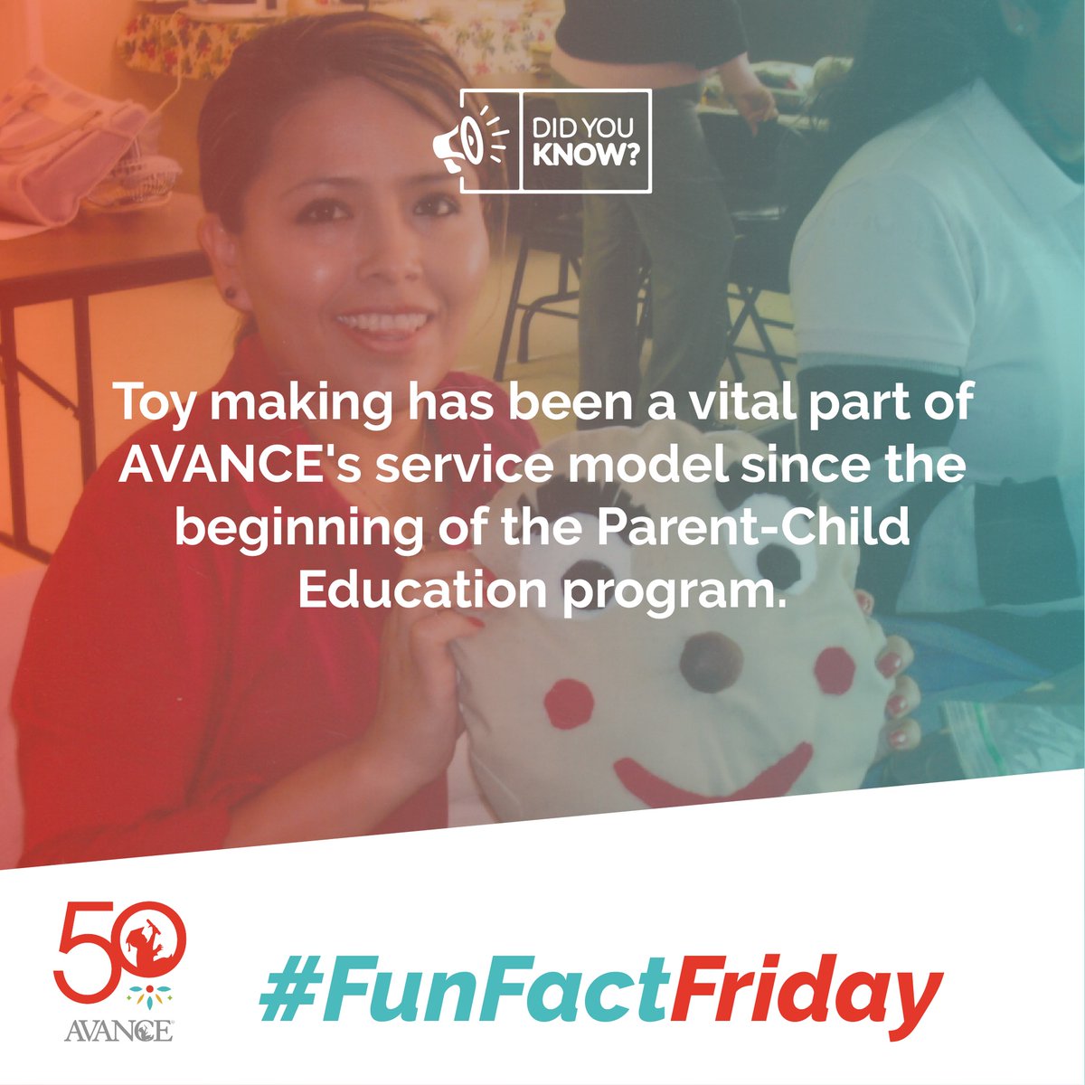 AVANCEinc's tweet image. #FunFactFriday
Toy making has been a vital part of AVANCE's service model since the beginning of the Parent-Child Education program.
Participants spend at least 15 minutes of daily interaction with their child in a play activity. 

#AVANCE50 #ToyMaking #ParentChildEducation