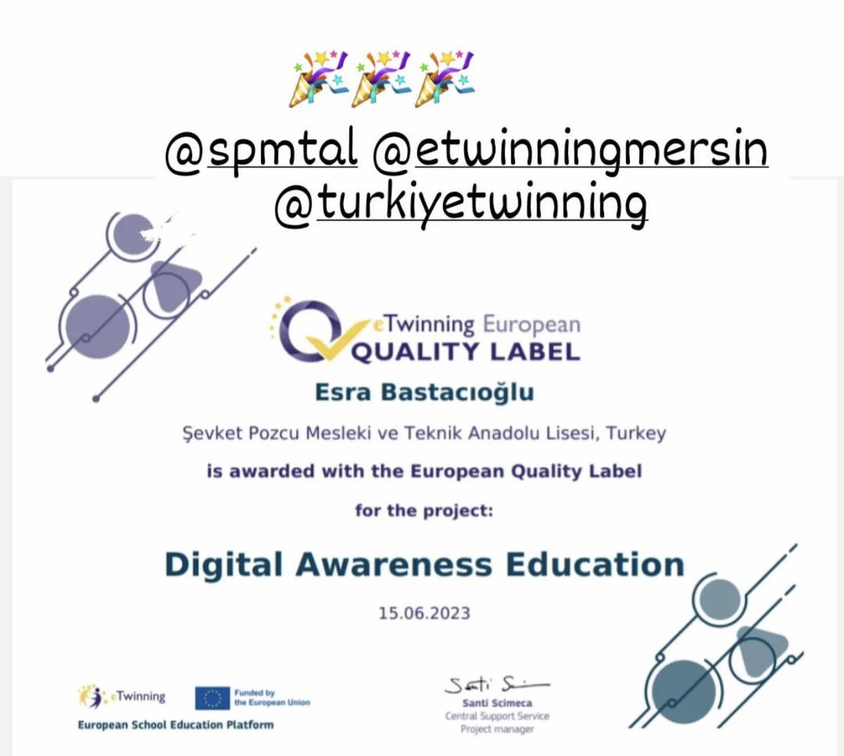 Şevket Pozcu Mesleki ve Teknik Anadolu Lisesi (@spmtal) on Twitter photo 4️⃣. Avrupa Kalite Etiketimiz.Esra Bastacıoğlu öğretmenimizi ve öğrencilerimizi tebrik ediyoruz👏🏻
<a href="/MersinMEM/">Mersin İl Millî Eğitim Müdürlüğü</a>
<a href="/AdemKoca46/">Adem Koca</a>
<a href="/yenisehirmem_33/">Yenişehir İlçe Milli Eğitim Müdürlüğü</a>
<a href="/necmidinc/">M.Necmeddin Dinç</a>
<a href="/bircankeles/">Bircan Keleş</a>
<a href="/eTwinningDestek/">eTwinning Projects Dissemination</a>
<a href="/eTwinningMersin/">eTwinning Mersin</a> 4️⃣. Avrupa Kalite Etiketimiz.Esra Bastacıoğlu öğretmenimizi ve öğrencilerimizi tebrik ediyoruz👏🏻
<a href="/MersinMEM/">Mersin İl Millî Eğitim Müdürlüğü</a>
<a href="/AdemKoca46/">Adem Koca</a>
<a href="/yenisehirmem_33/">Yenişehir İlçe Milli Eğitim Müdürlüğü</a>
<a href="/necmidinc/">M.Necmeddin Dinç</a>
<a href="/bircankeles/">Bircan Keleş</a>
<a href="/eTwinningDestek/">eTwinning Projects Dissemination</a>
<a href="/eTwinningMersin/">eTwinning Mersin</a>