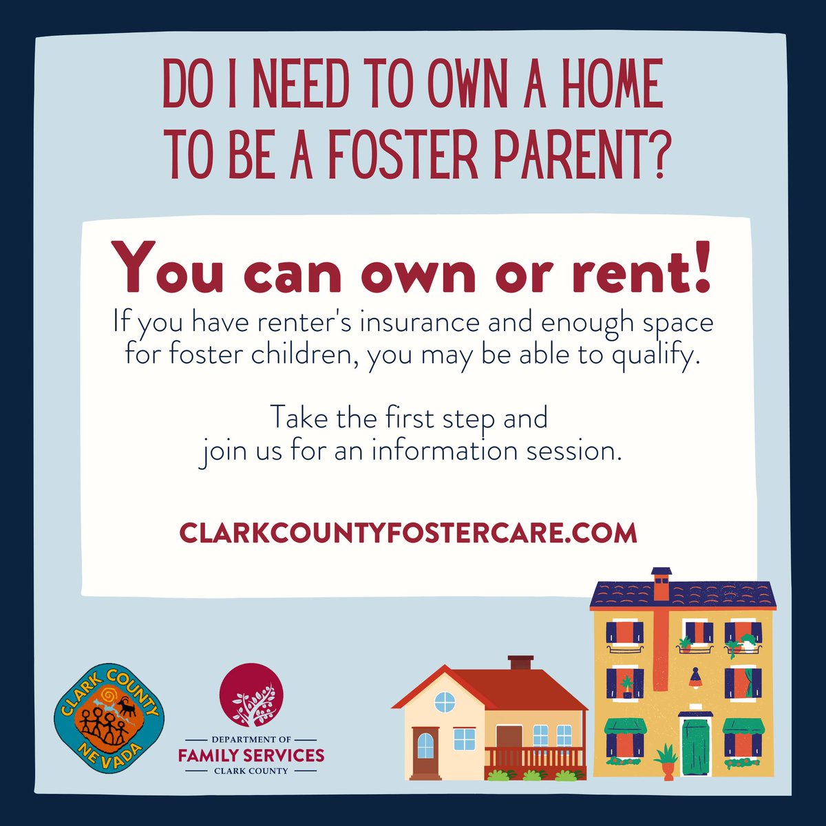 Our #ClarkCounty Family Services Dept. often hears that potential #fosterparents want to foster once they buy a home. 

But if you are in a stable rental & can provide renter's insurance, what is stopping you?

RENTERS CAN FOSTER TOO! 

Learn more at clarkcountyfostercare.com