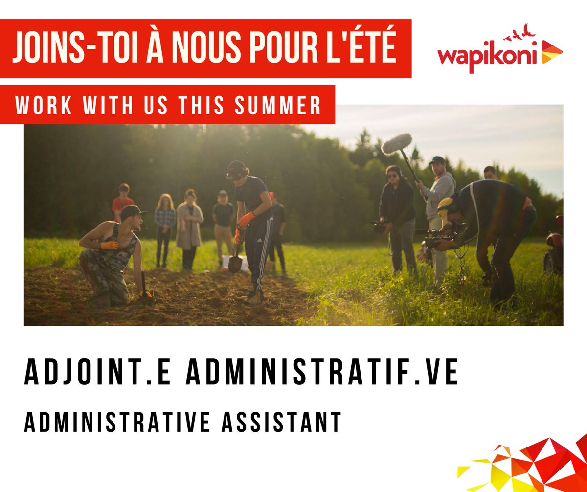 Étudiant.e recherché.e. pour un emploi d'été au Wapikoni.
Devenez adjoint.e administratif.ve pour un contrat estival de 8 semaines.
Pour plus d'informations sur le poste et pour poser ta candidature avant le 22 juin à midi :
evenementswapikoni.ca/offres-d-emploi