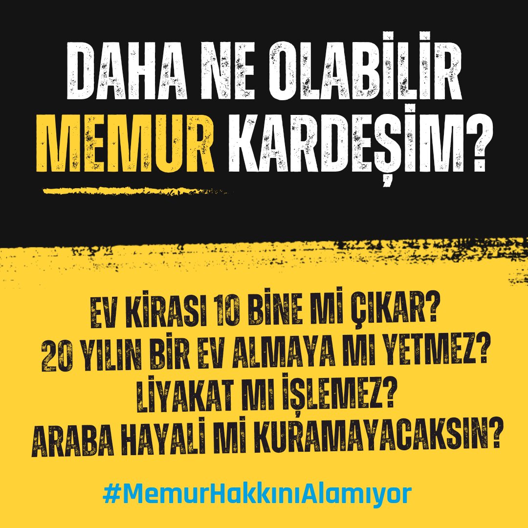 Daha ne olabilir?
#MemurHakkınıAlamıyor 

Ev kirası 10 bine mi çıkar?
20 yılın bir ev almaya yetmez mi?
Liyakat mı işlemez?
Araba hayali mi kuramayacaksın?

Memur olarak maaşının bunlara yetmesi için en az YOKSULLUK SINIRI (33.750₺) üzerinde maaş alman gerekmiyor mu?
Peki