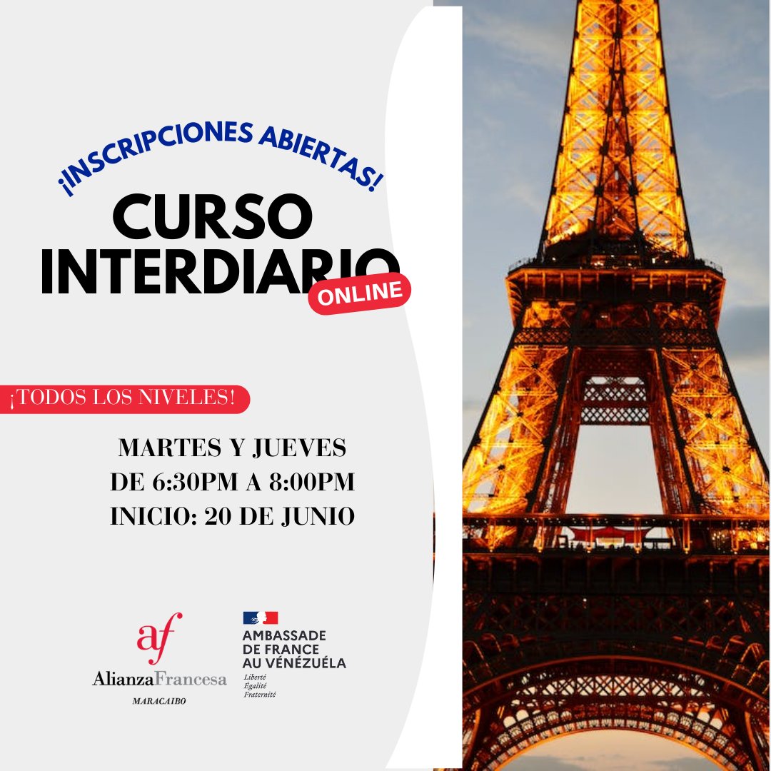¡Inscripciones abiertas!
#alianzafrancesademaracaibo

Más información: 📲 +58 424 6457717
💌E-mail: Info.afmcbo@gmail.com

📌Ubicación: Av. 8 Santa Rita, entre calles 67 y 68. Maracaibo Edo. Zulia VENEZUELA.