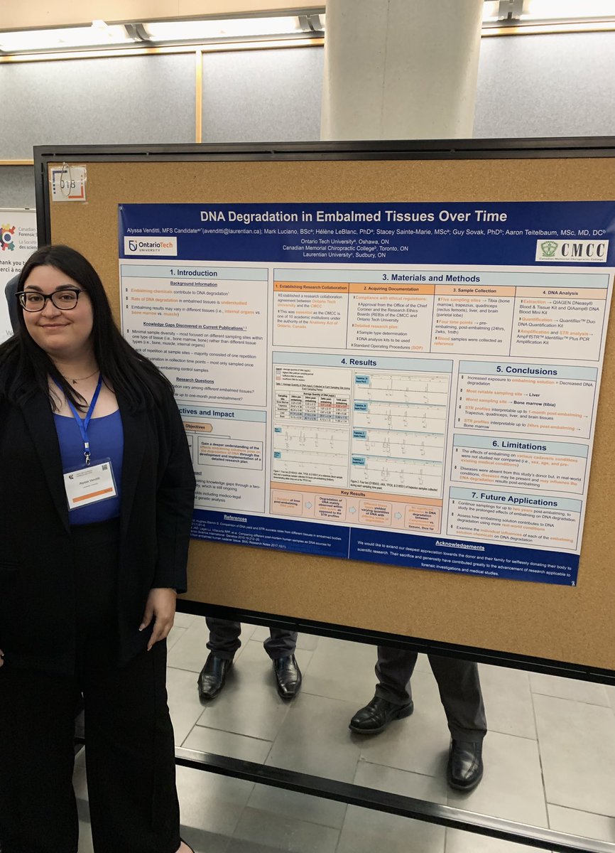 alyssa_venditti's tweet photo. What a fantastic conference! Very honoured Mark Luciano and I got the opportunity to present our undergraduate research ‘DNA Degradation Rate in Embalmed Solutions Over Time’ at the 2023 @csfs1953 Conference! #2023CSFS https://t.co/x64JqcB0Y5