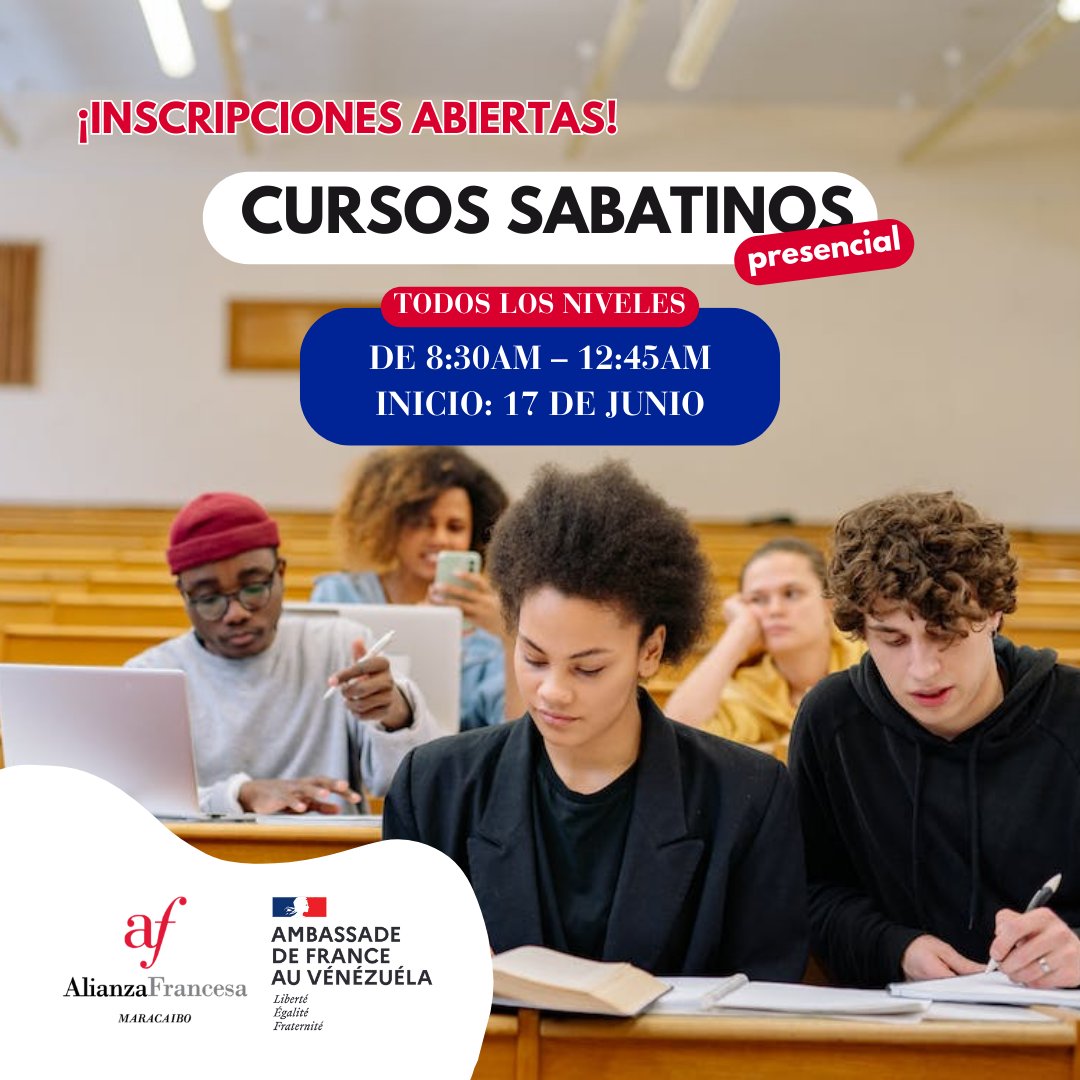 ¡Inscripciones abiertas!
#alianzafrancesademaracaibo

Más información: 📲 +58 424 6457717
💌E-mail: Info.afmcbo@gmail.com

📌Ubicación: Av. 8 Santa Rita, entre calles 67 y 68. Maracaibo Edo. Zulia VENEZUELA.