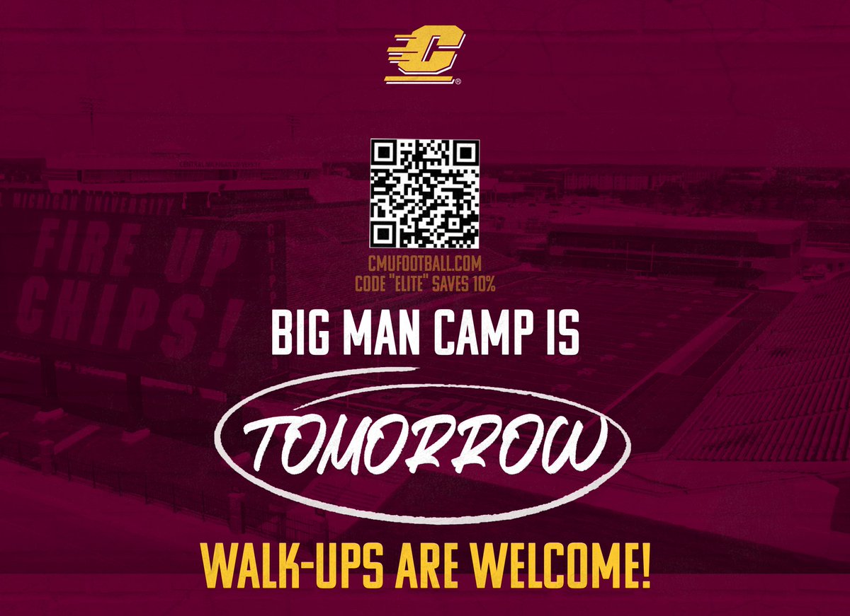 I am fired up for the BIG MAN CAMP!! We welcome any walk-ups cmufootballcamps.totalcamps.com/shop/EVENT