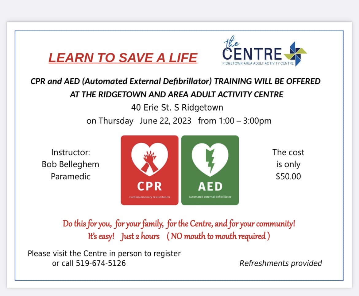 CPR and AED Training will be offered at the Ridgetown Adult Activity Centre.
June 22, 1pm-3pm. Please call The Centre at 519-674-5126 to register.
#YourTVCK #TrulyLocal #CKont #Ridgetown