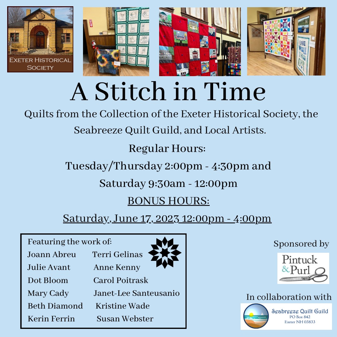 Exeter Historical Society NH (@exeterhistory) on Twitter photo This Saturday - June 17th - we have BONUS open hours. Come by anytime between 9:30am and 4pm to see our fabulous quilt exhibit, sponsored by <a href="/pintuckandpurl/">Maggie Smith</a>
#quilts #QuiltsOfTwitter #historicquilts #historicquiltshow #quiltart This Saturday - June 17th - we have BONUS open hours. Come by anytime between 9:30am and 4pm to see our fabulous quilt exhibit, sponsored by <a href="/pintuckandpurl/">Maggie Smith</a>
#quilts #QuiltsOfTwitter #historicquilts #historicquiltshow #quiltart