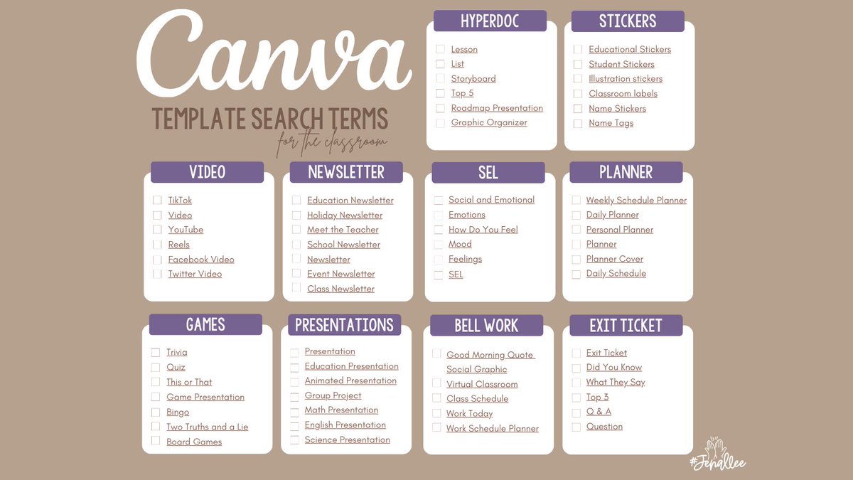 Don't know WHAT to search 🔎 in @Canva ?
✔out #Jenallee's search terms for the classroom. This guide will open your 👀 to searches you may not have considered.

💜 Click the 🔗 to access ready-to-use templates in @CanvaEDU
▶ bit.ly/CanvaSearch?ut…
#CanvaLove #UCanWithCanva