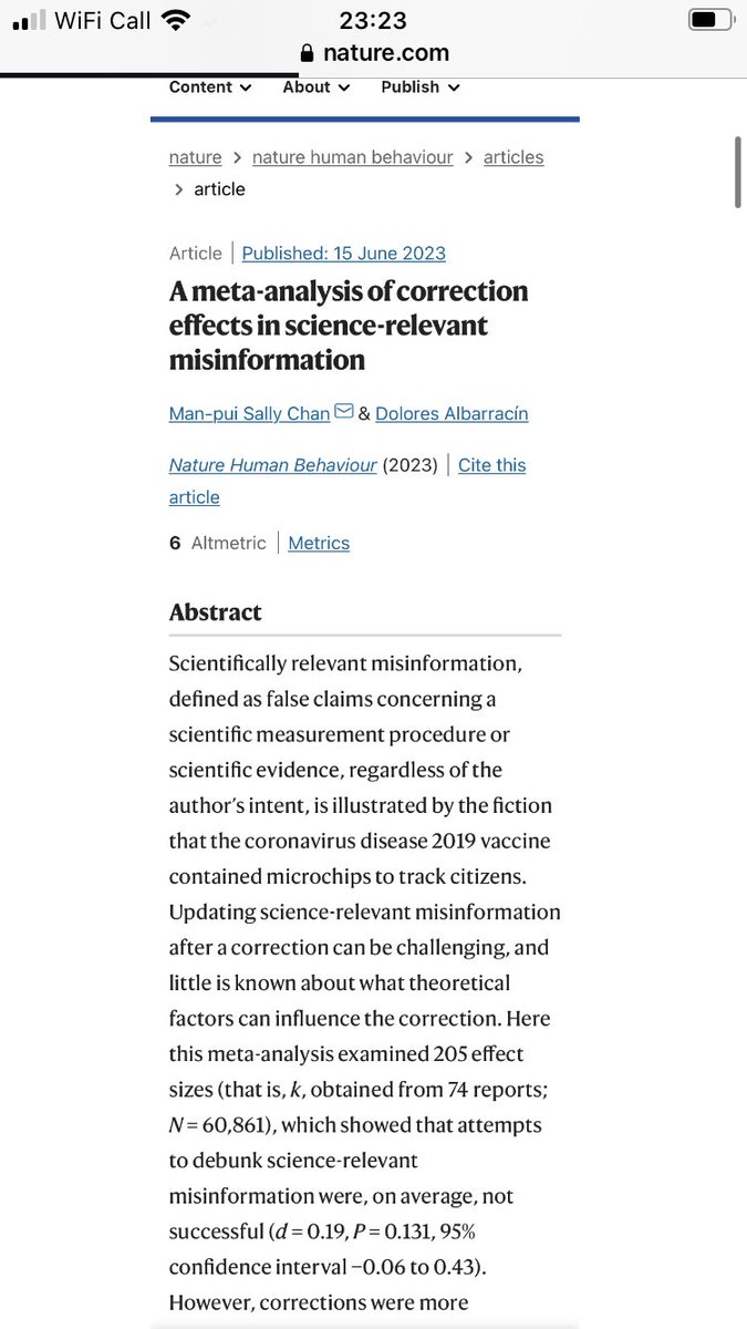 So uhm….A new meta-analysis of >200 effect-sizes (n > 60,000) in @NatureHumBehav found that on average debunking scientific misinformation had no effect 😳 

Yikes!

nature.com/articles/s4156…