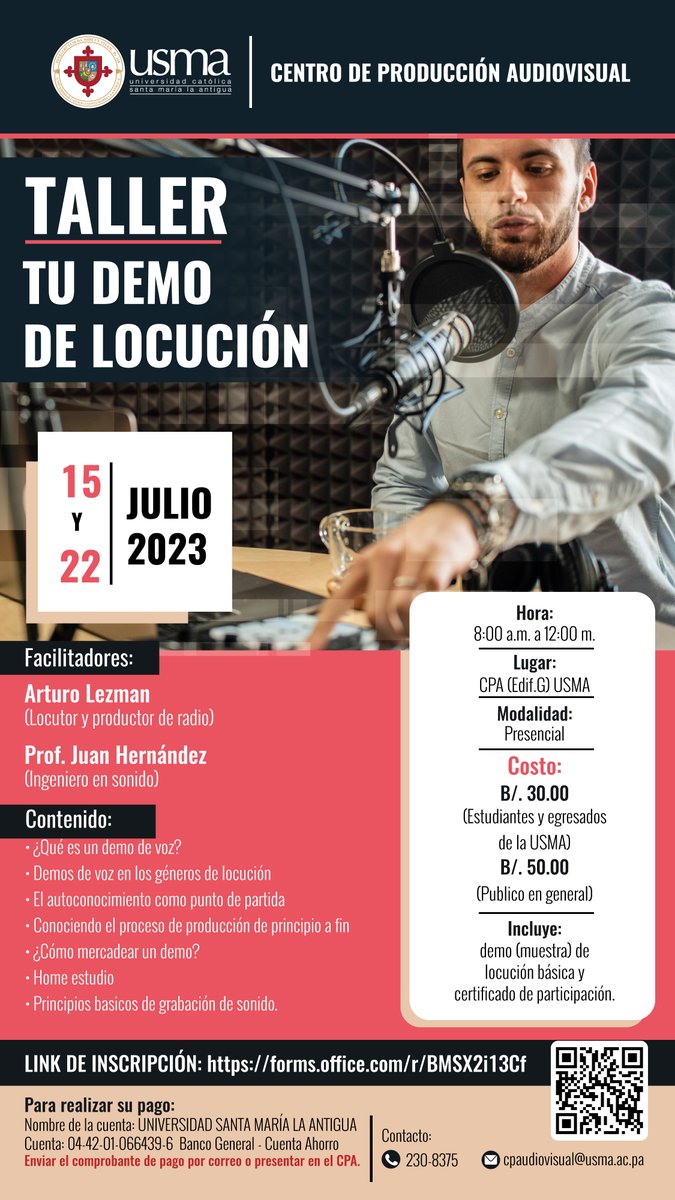 USMApanama's tweet image. ✨¿Ya tienes tu licencia de locución? 🎙️Aprende más en el Taller &quot;Tu demo de locución&quot;. 💙
Inscríbete aquí: bit.ly/demo_cpausma_t…

#COSOSUSMA #CPAUSMA
#locución #taller