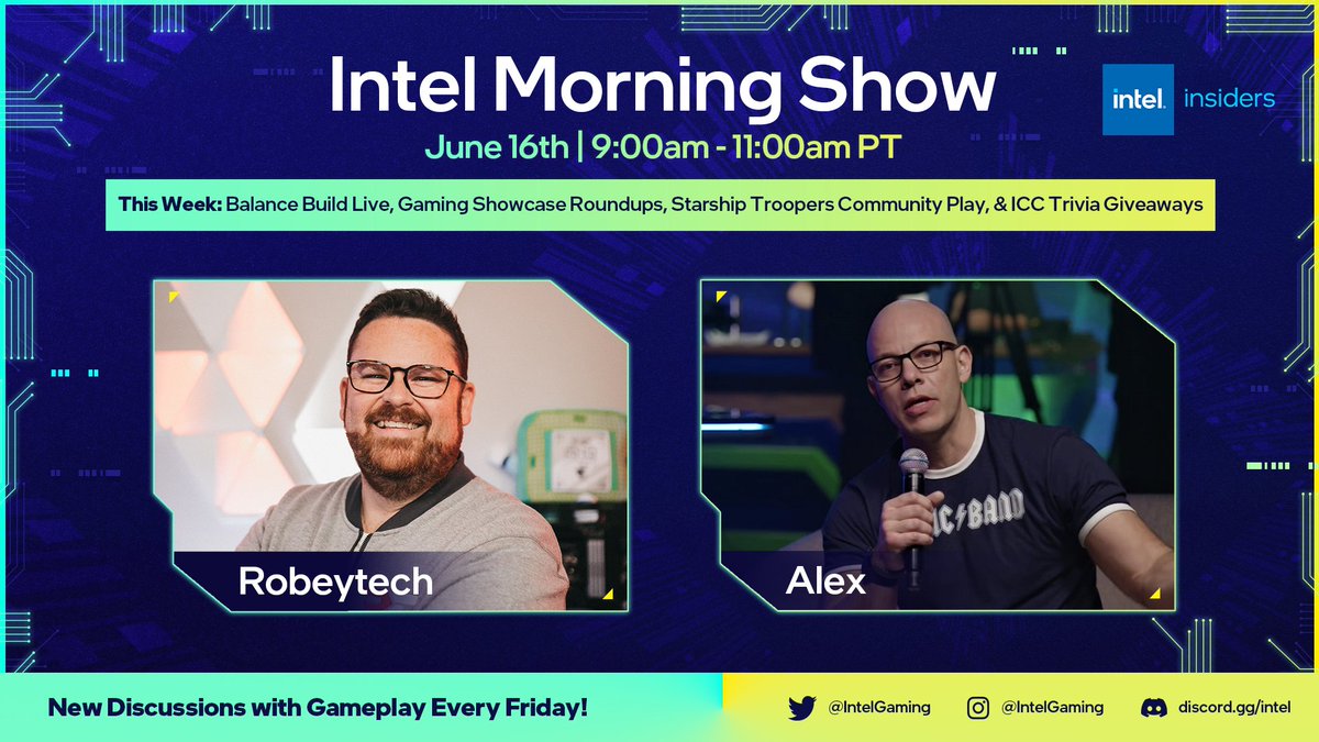 Set your alarms! ⏰

Our  Weekly Morning show on discord is bringing you a live build plus some Starship Troopers action tomorrow with @robeytech and Alex 🚀

Don't miss the fun! #IntelDiscord

🔗 discord.gg/aDKwKZzqdh?eve… 
📅 Jun 16th 9 AM PT
