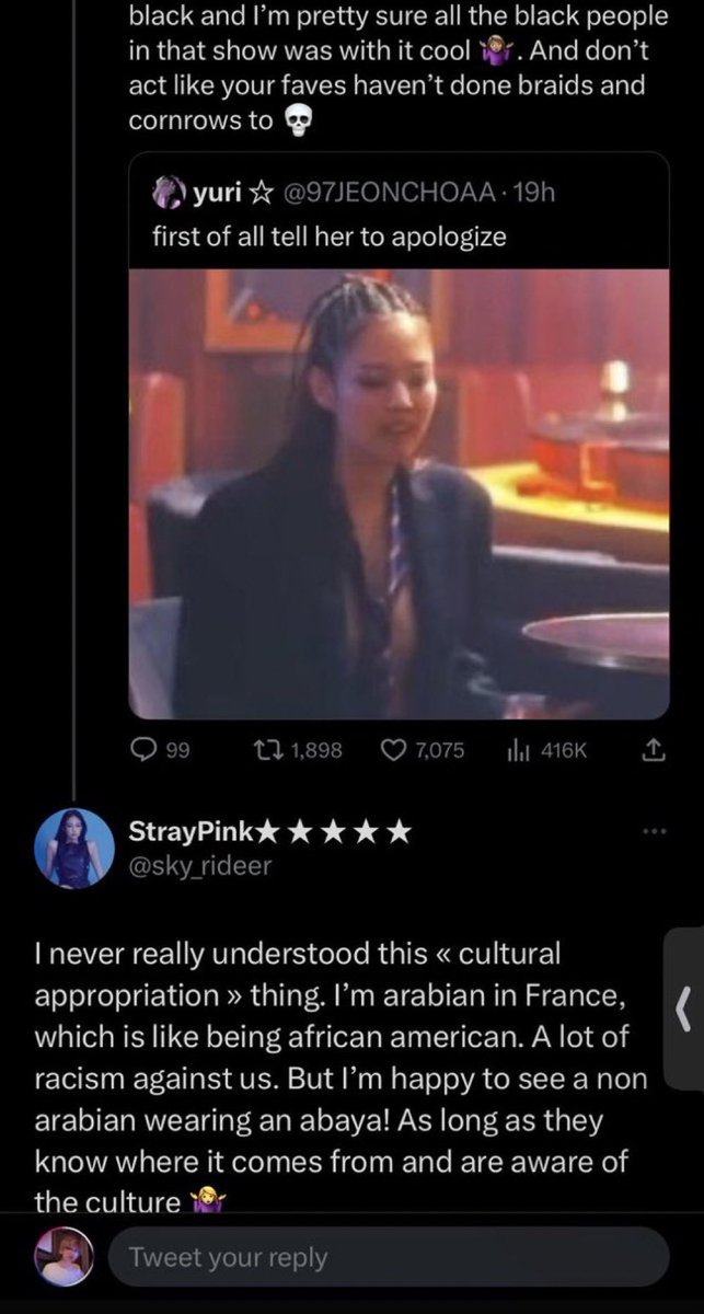 THIS SHIT PISSES ME OFF
1. Religion and culture are 2 different things so wearing an abaya is not cultural appropriation (coming from a Muslim) 
2. BEING ARABIAN IN FRANCE IS NOT THE SAME AS BEING AFRICAN AMERICAN DPMO YOU SOUND STUPID
3. LEARN TO HOLD YOUR FAVES ACCOUNTABLE