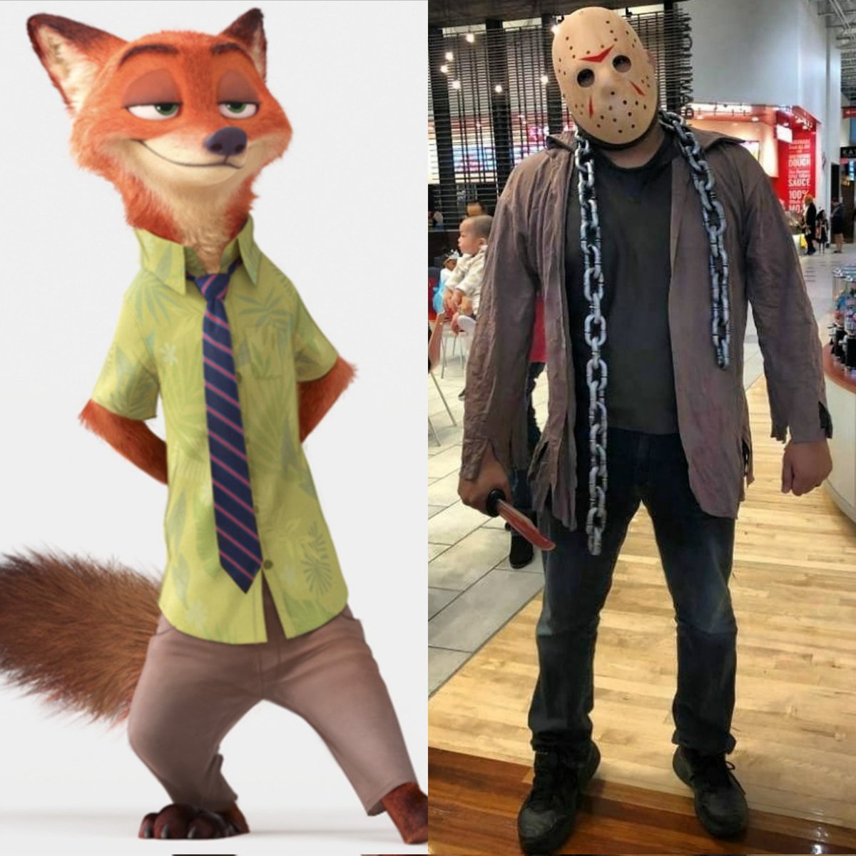 Can't decide between 1)Nick Wilde from Zootopia or 2) Jason Voorhees...... What dontou think?? Drop a 1 or 2 in the comments #AwesomeCon2023 #cosplay #cosplaydads #nickwilde #zootopia #JasonVoorhees #FridayThe13th #KillerOfCrystalLake #Kikikimamama