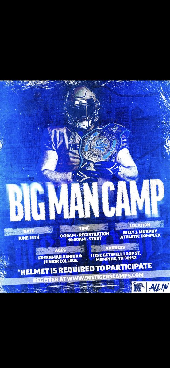 Very Glad to be apart of the University of Memphis big man camp today 🤞🏿💙 @JOvertonFball @MemphisFB @CoachBroome_7 @MemphisFBRec