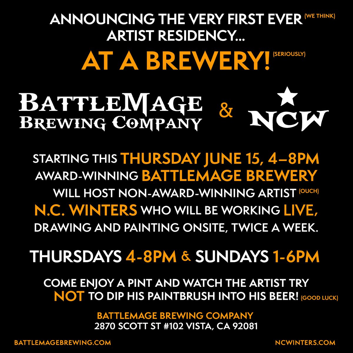 Tonight! Excited to begin the first night of my artist residency at Battlemage Brewing in Vista, CA. Tonight’s session goes from 4pm-8pm. See you soon!